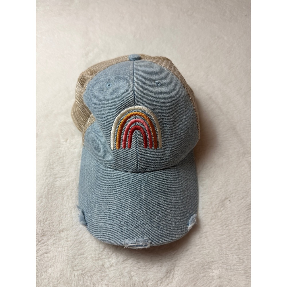 Katydid Rainbow Trucker Hat Blue Denim Tan Mesh Distressed Snapback Baseball Cap